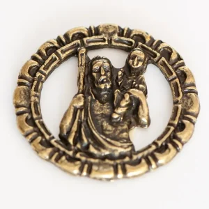 Plakietka naklejana św Krzysztof do samochodu w kolorze mosiądz 3,5 x 3,5 Zamów teraz