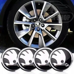 Zamów teraz SKODA ZNACZKI NAKLEJKI EMBLEMATY LOGO ALUMINIOWE 74mm 4 szt.