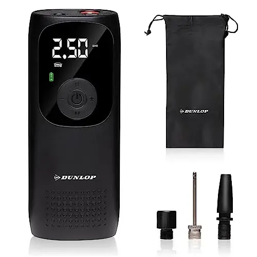 Dunlop Przenośna sprężarka powietrza 150 PSI - Bezprzewodowa pompka do opon z portem USB-C - Pompa rowerowa do wszystkich wentyli - Pompka do piłek - Sprężarka 10 bar z manometrem - Czarny Ekspresowa dostawa